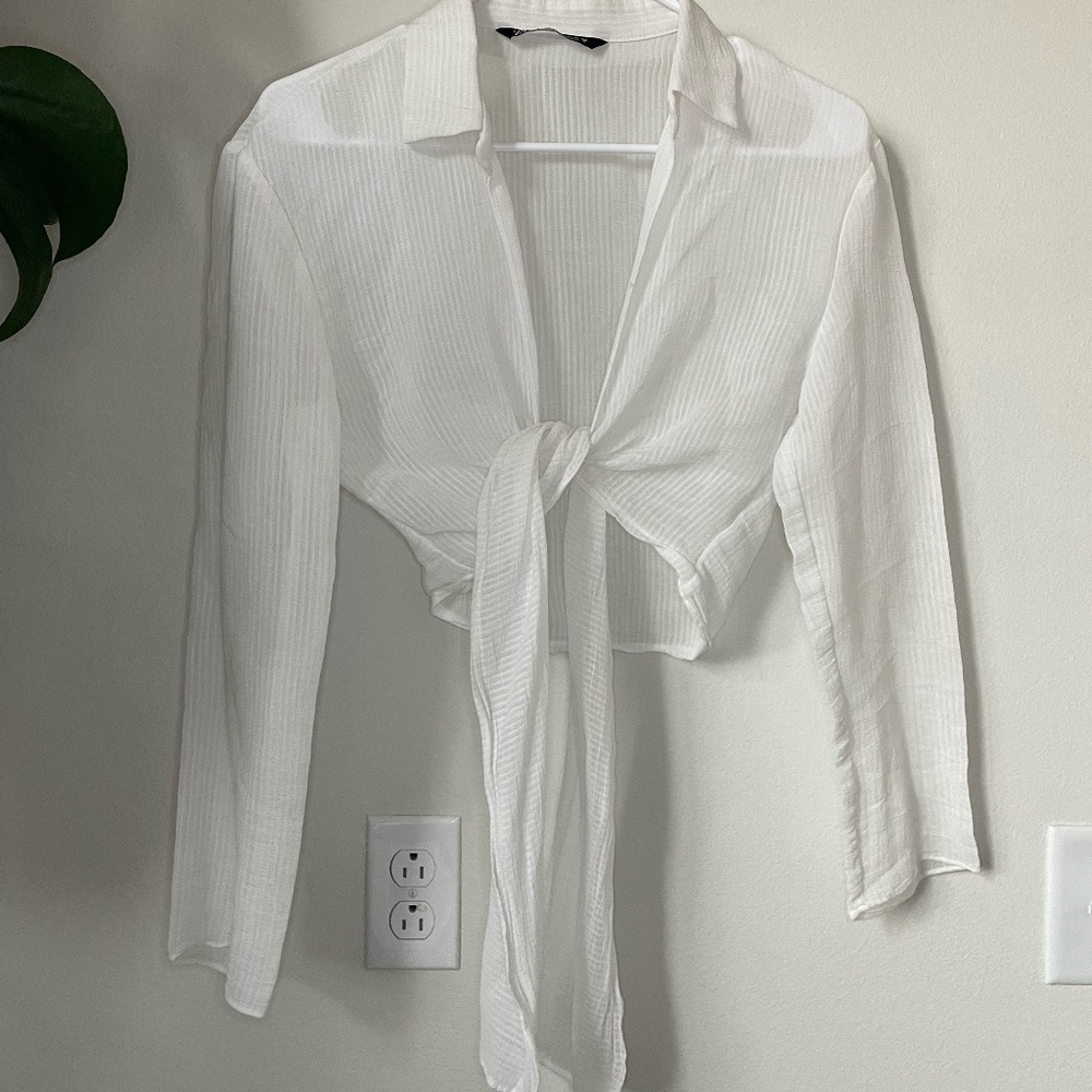 Zara White Tie Bottom Collar Shirt - Sheer Organza - Womens S - NWOT Never Worn!